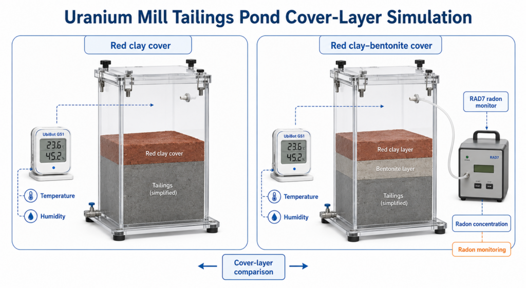 Study overview: UbiBot GS1 monitored cover-layer temperature and humidity while RAD7 measured radon concentration.