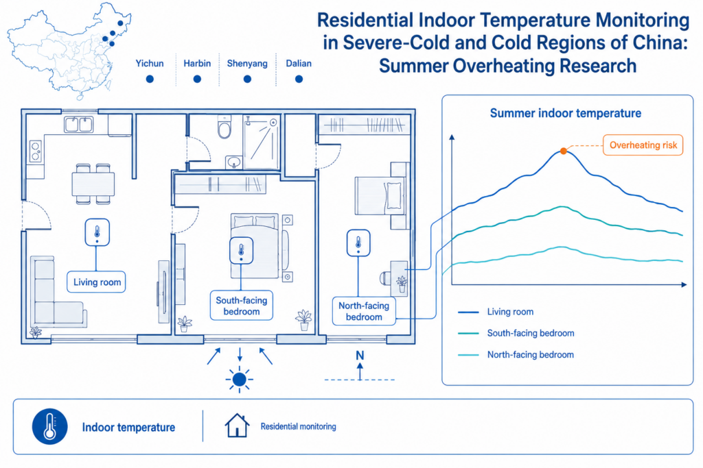 Study overview: UbiBot UB-DT-P1 sensors collected room-level indoor temperature data for residential overheating assessment.