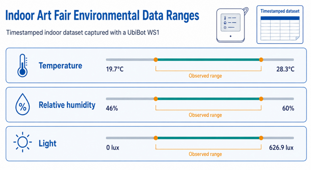 UbiBot documented the physical venue context, with temperature from 19.7°C to 28.3°C, relative humidity from 46% to 60%, and light from 0 to 626.9 lux.
