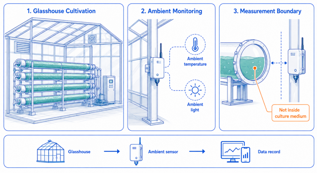 UbiBot WS1 was deployed in the glasshouse environment, not inside the algae culture medium.