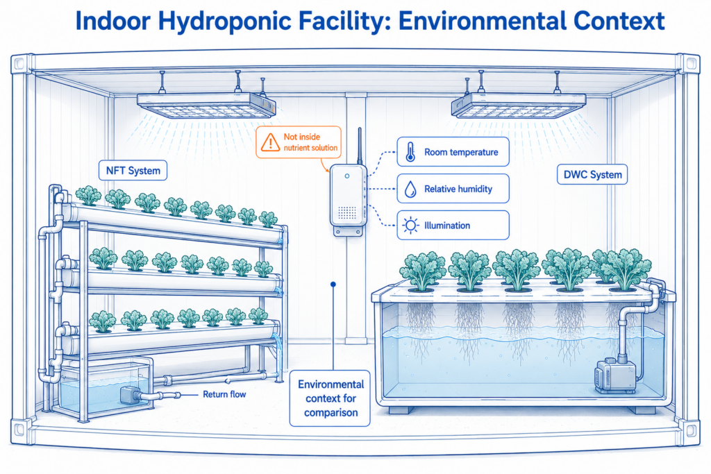 UbiBot WS1 Pro provided room-level environmental records, helping ensure a fair comparison between NFT and DWC systems.