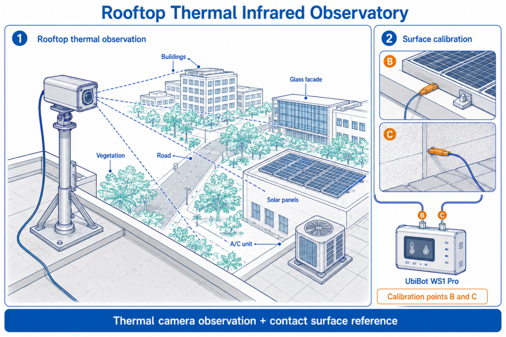 Study overview: UbiBot WS1 Pro supported surface-temperature calibration for district-scale rooftop thermal infrared monitoring.