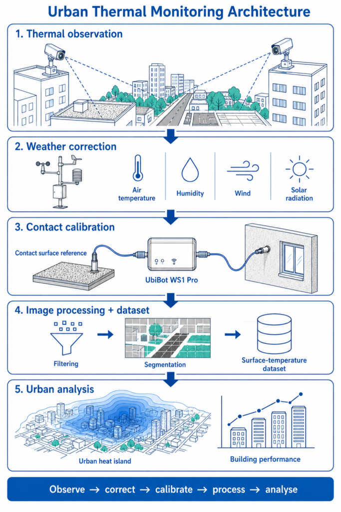 Urban thermal monitoring becomes more reliable when rooftop thermal imaging, weather stations, contact sensors, and image-processing workflows are combined.