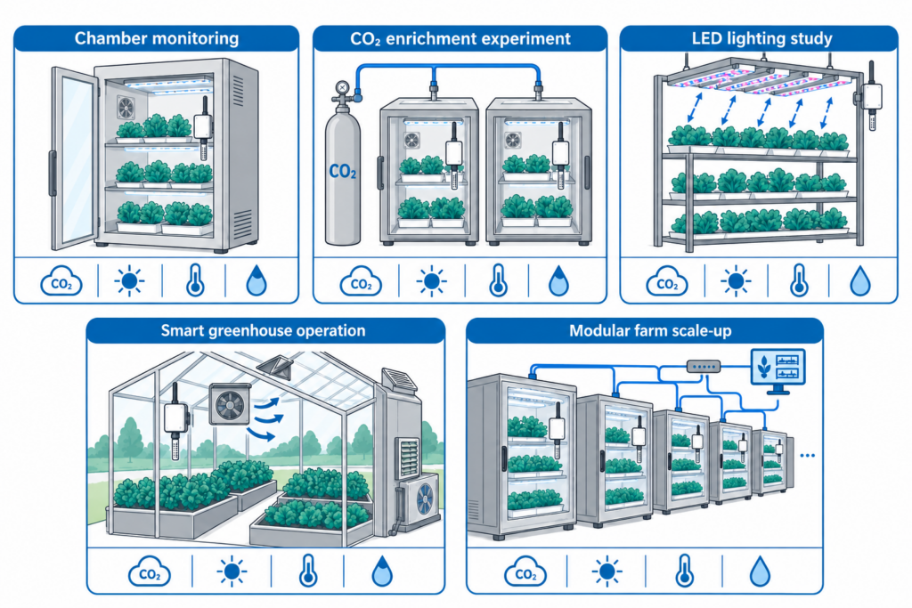 The same monitoring approach can support vertical farming chambers, CO₂ enrichment experiments, LED lighting studies, smart greenhouses, and modular farm scale-up.