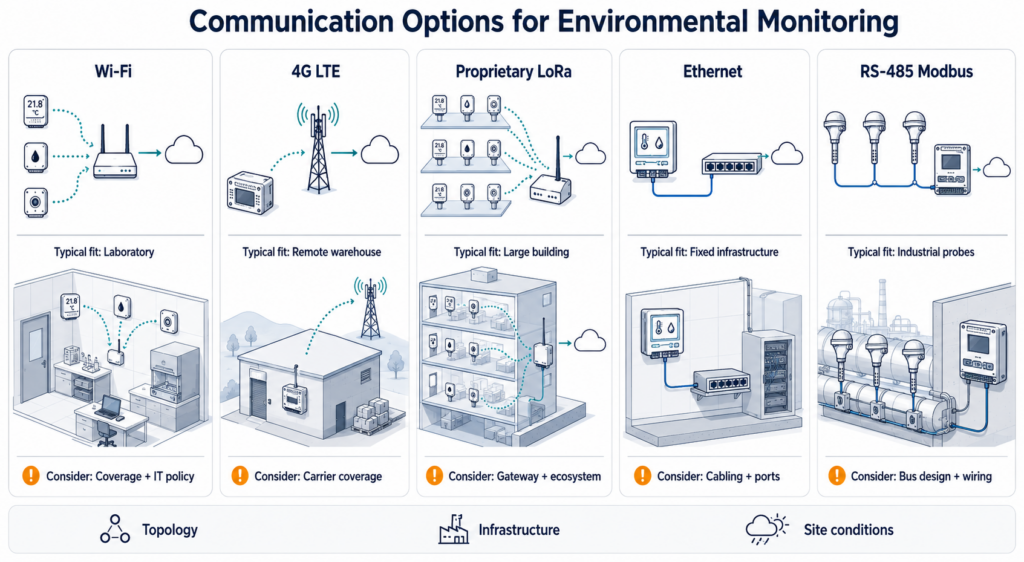 Wi-Fi, 4G, LoRa, Ethernet and RS-485 connectivity options for environmental monitoring