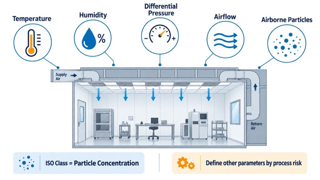 Cleanroom environmental monitoring parameters beyond ISO class, including temperature, humidity, differential pressure, airflow, and airborne particles.what environmental parameters should be monitored in a cleanroom