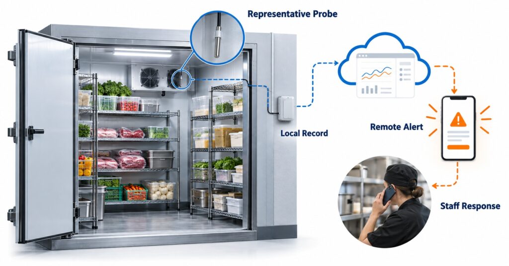 Restaurant walk-in cooler temperature monitoring system with an external probe, phone alert, and after-hours staff response path.