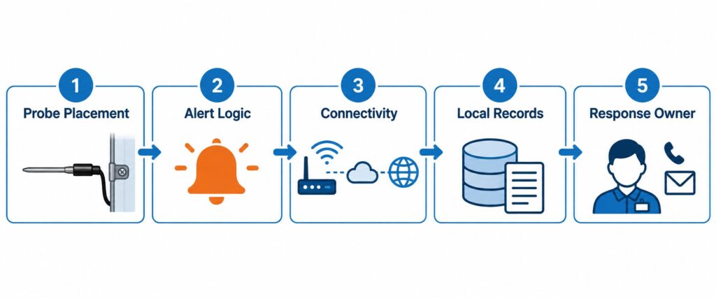 Five selection factors for walk-in cooler monitoring including probe placement, alert logic, connectivity, records, and response owner.