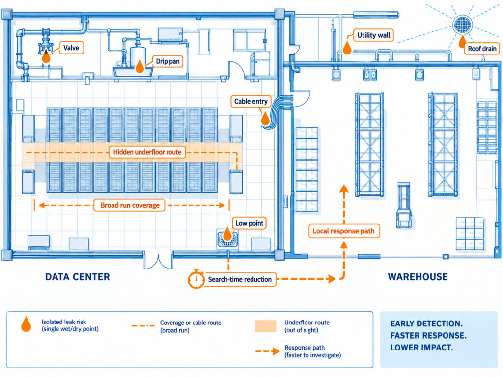 Risk-first coverage map for data-center and warehouse leak detection showing isolated drip points, long cable routes, hidden underfloor areas and response priorities.
