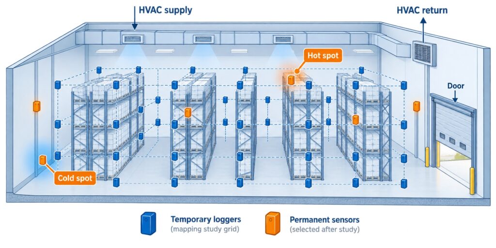 Pharmaceutical warehouse mapping to permanent temperature monitoring points