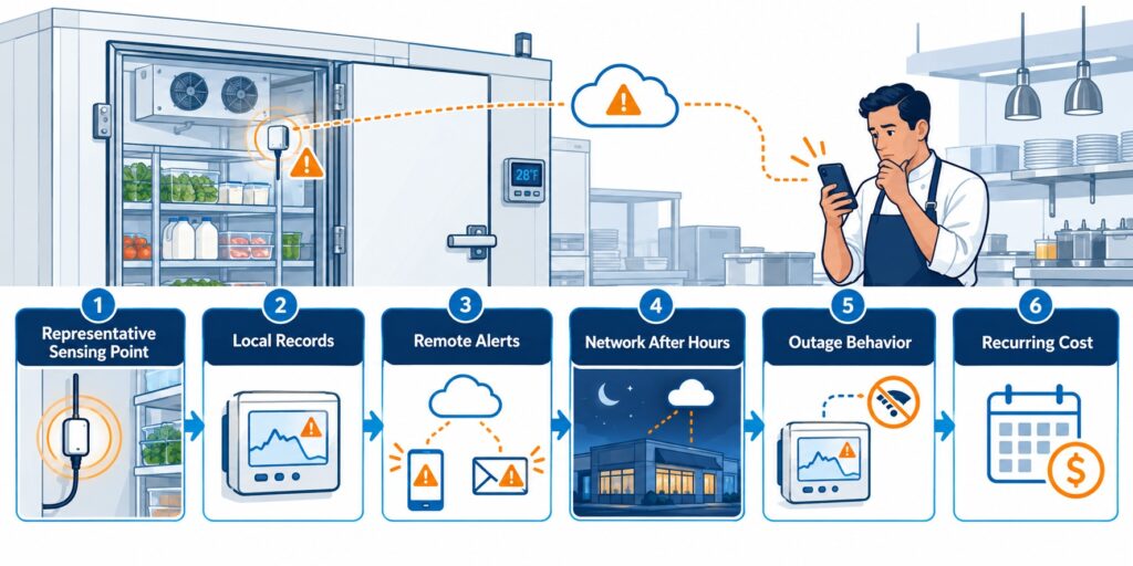 Buying criteria for a restaurant walk-in cooler temperature alert system including sensor placement, local logging, remote alerts, network path, outage behavior, and recurring cost.. restaurant walk-in cooler temperature alerts selection guide