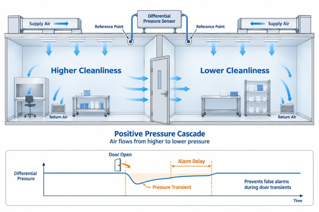 Cleanroom differential-pressure cascade between higher- and lower-cleanliness rooms, showing pressure references, door transients, and alarm delay.