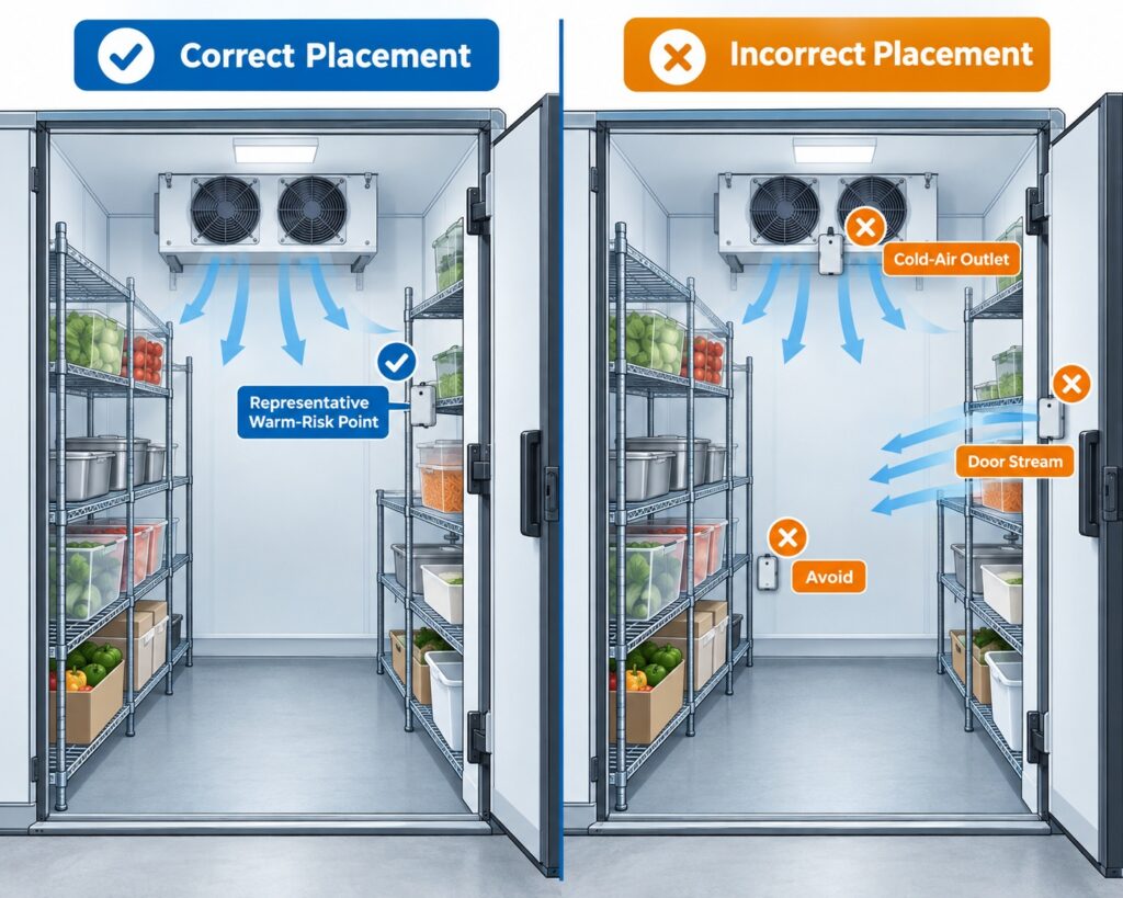 Correct and incorrect external temperature probe placement in a restaurant walk-in cooler, showing a representative warm-risk point versus cold-air outlet and doorway locations.
