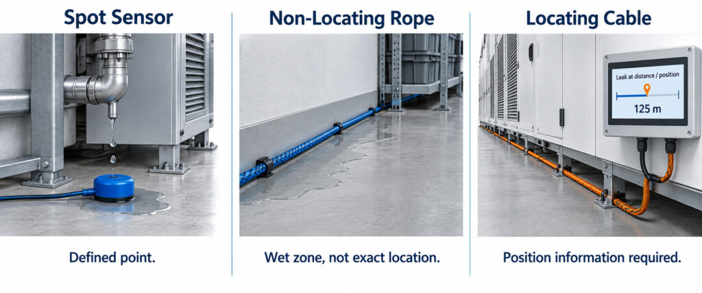 Three-panel comparison of a spot water leak sensor, non-locating sensing rope and locating leak detection cable for data-center and warehouse projects.