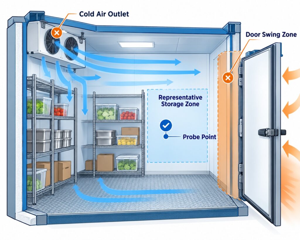 Walk-in cooler sensor placement diagram comparing the warmest representative storage zone with cold airflow, door-adjacent, and easy-wall locations.