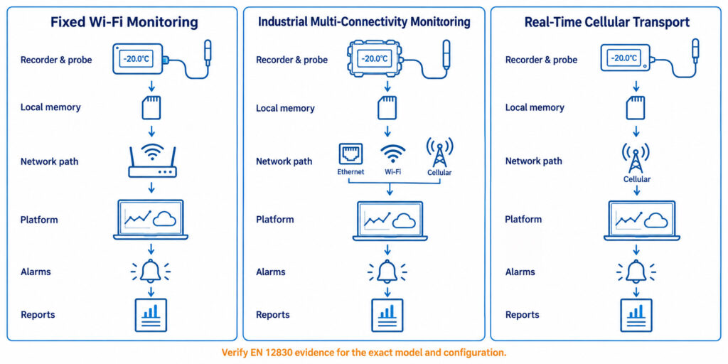 Stationary Wi-Fi, industrial multi-connectivity, and real-time transport temperature recorder architectures