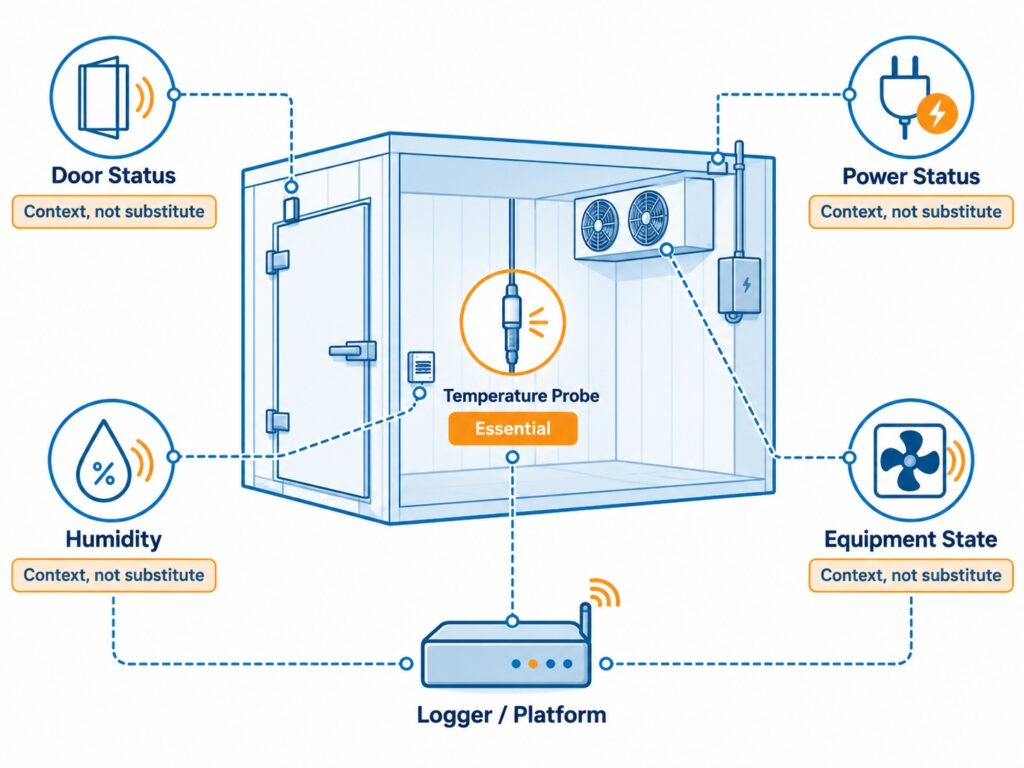 Walk-in cooler monitoring inputs showing temperature as the essential measurement with optional door, power, humidity, and equipment status signals.