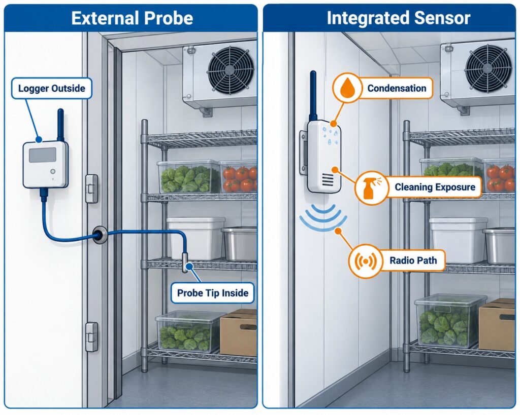 Comparison of external probe and integrated sensor placement for a restaurant walk-in cooler temperature monitor.