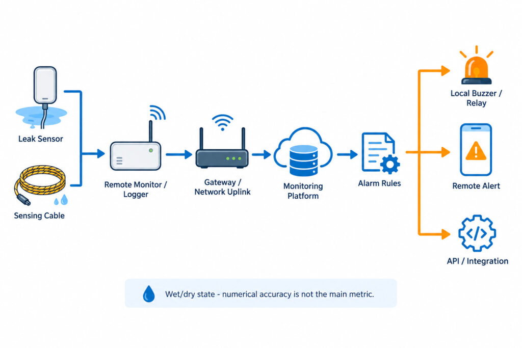 Layered system diagram showing leak sensors, remote monitor or logger, gateway, platform, alarm rules, local actions and integrations.