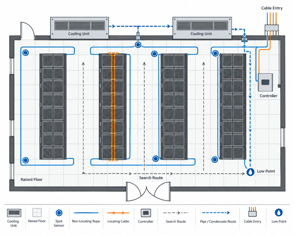 Top-down data-center raised-floor leak detection layout with cooling units, equipment rows, spot sensors, sensing rope and locating cable routes.