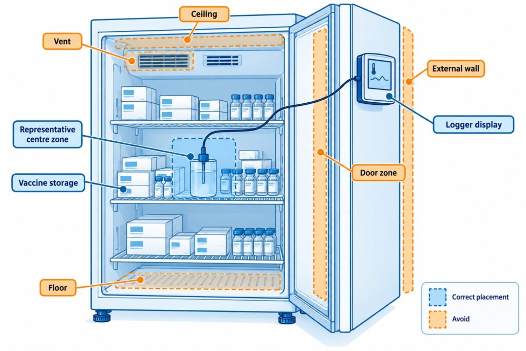 Cross-section illustration of a vaccine refrigerator showing correct buffered probe placement near the centre, away from walls, vents, floors, ceilings and doors.