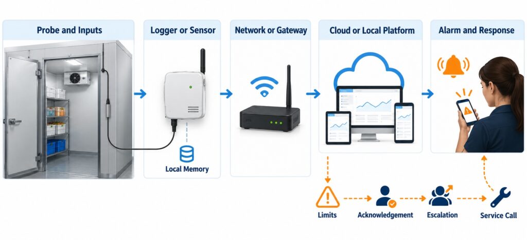 Walk-in cooler monitoring system architecture from external probe and logger to network, cloud platform, alarm, acknowledgement, and response workflow.