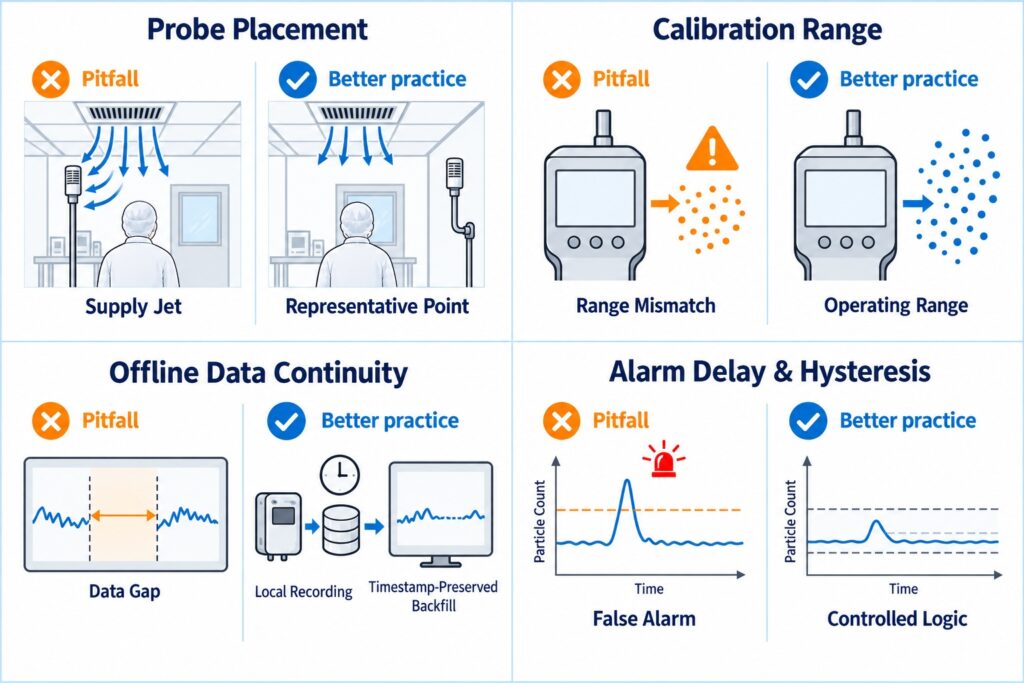 Cleanroom monitoring deployment pitfalls involving sensor placement, calibration range, offline data continuity, and alarm delay logic.