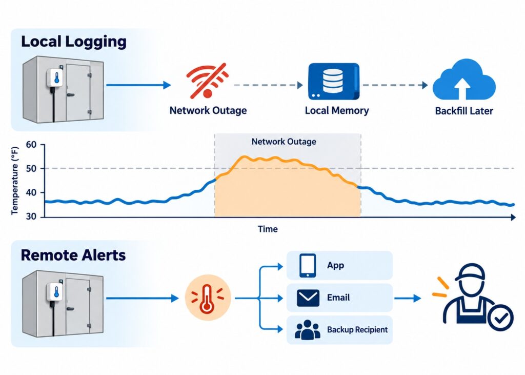Walk-in cooler monitoring diagram showing local data logging during an outage and remote alert delivery when the network is available.