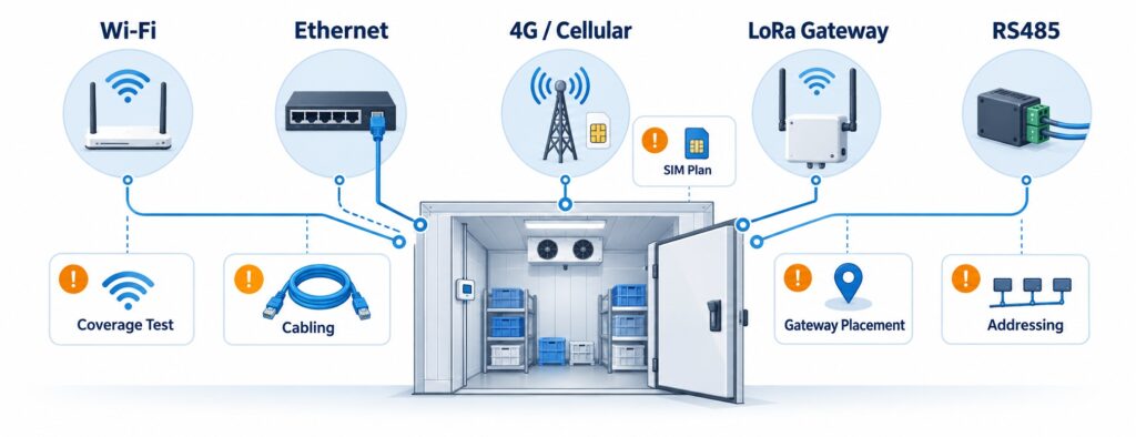 Connectivity options for walk-in cooler monitoring including Wi-Fi, Ethernet, cellular, LoRa, and RS485 paths to a monitoring platform.