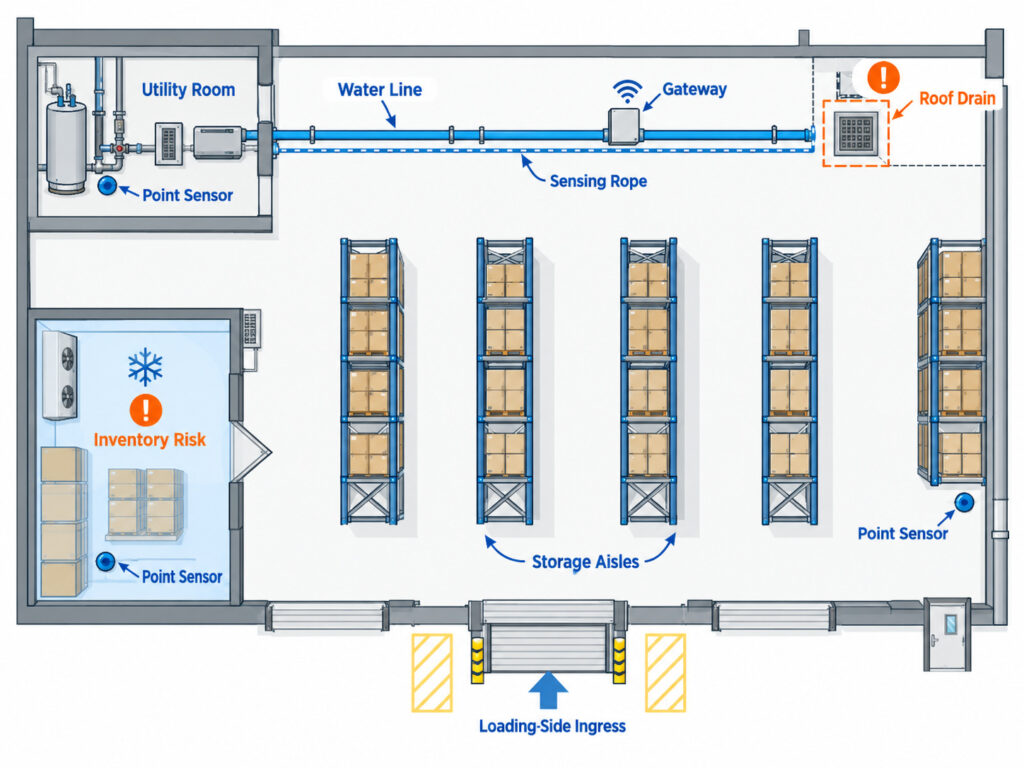 Warehouse water leak sensor deployment layout showing roof drains, water lines, loading-side ingress, utility rooms, inventory-risk areas and mixed spot and rope coverage.