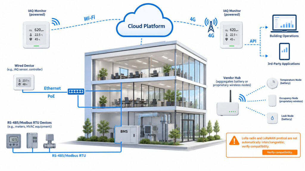 Commercial IAQ connectivity diagram showing Wi-Fi, 4G, Ethernet, PoE, RS-485 Modbus RTU, LoRa and LoRaWAN verification before cloud or BMS integration.