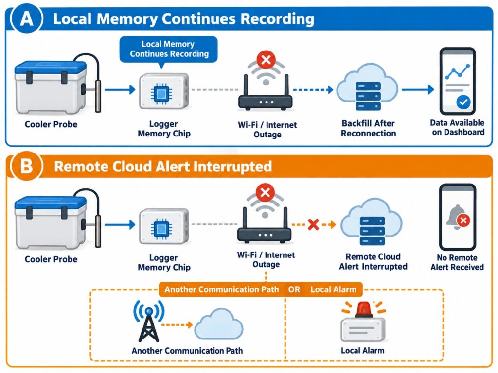 Two-path walk-in cooler outage diagram showing local memory retaining temperature records while remote cloud alerts may be interrupted by network failure.