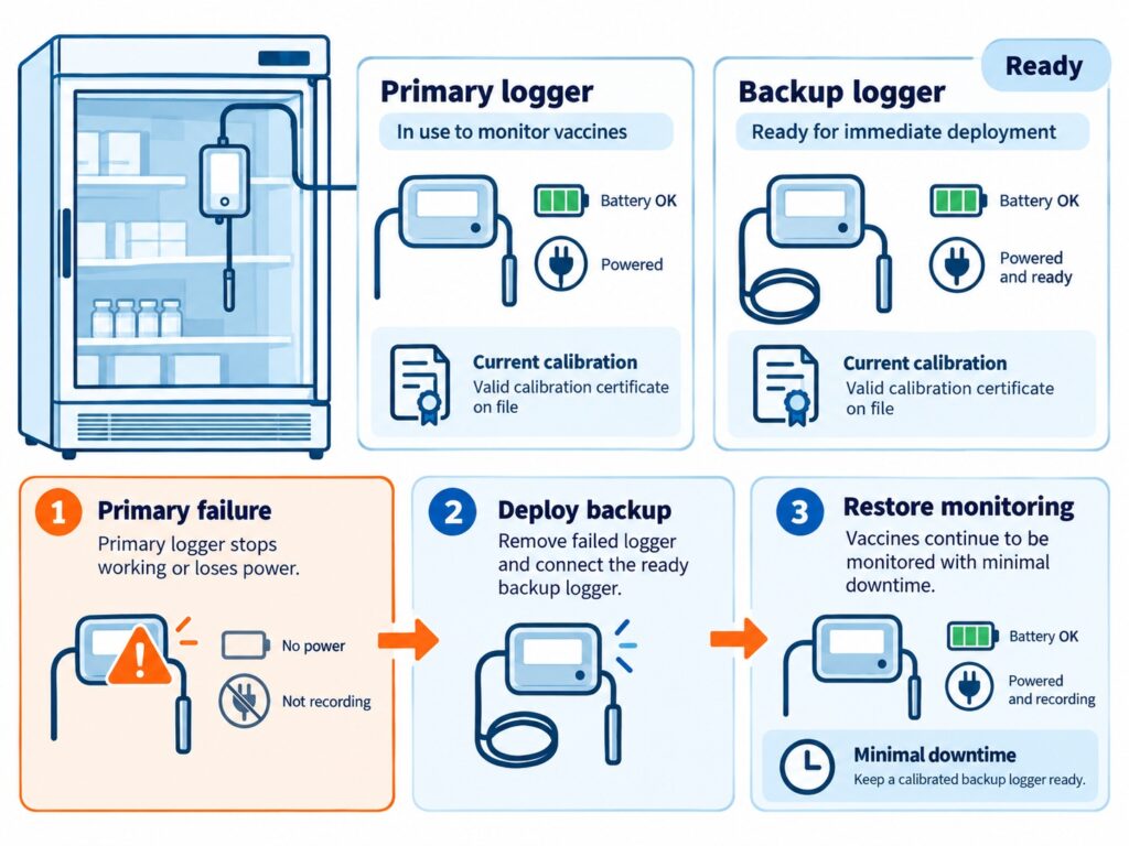 Illustration showing a primary and backup vaccine data logger, calibration records and replacement readiness workflow.