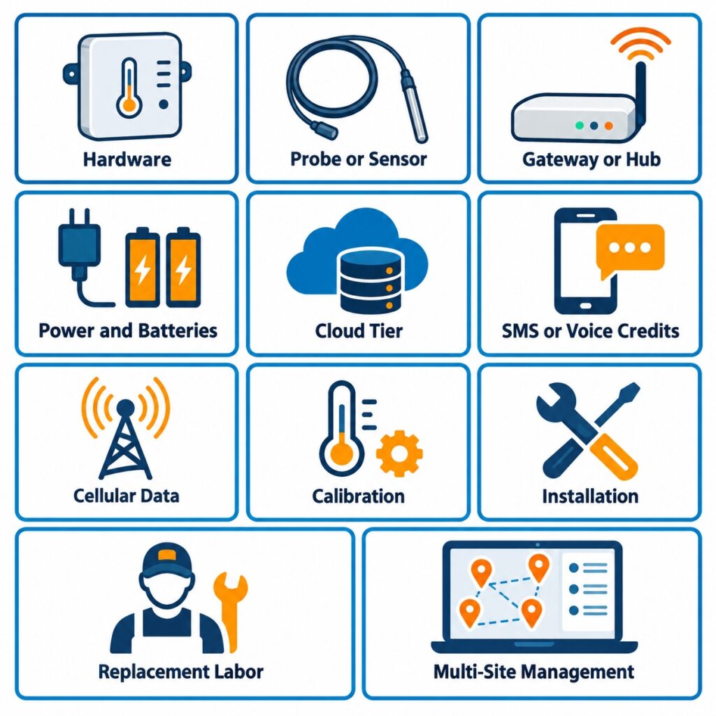 Total cost components for restaurant walk-in cooler monitoring including sensor, probe, gateway, power, cloud plan, SMS, voice calls, cellular data, calibration, installation, and replacement labor.