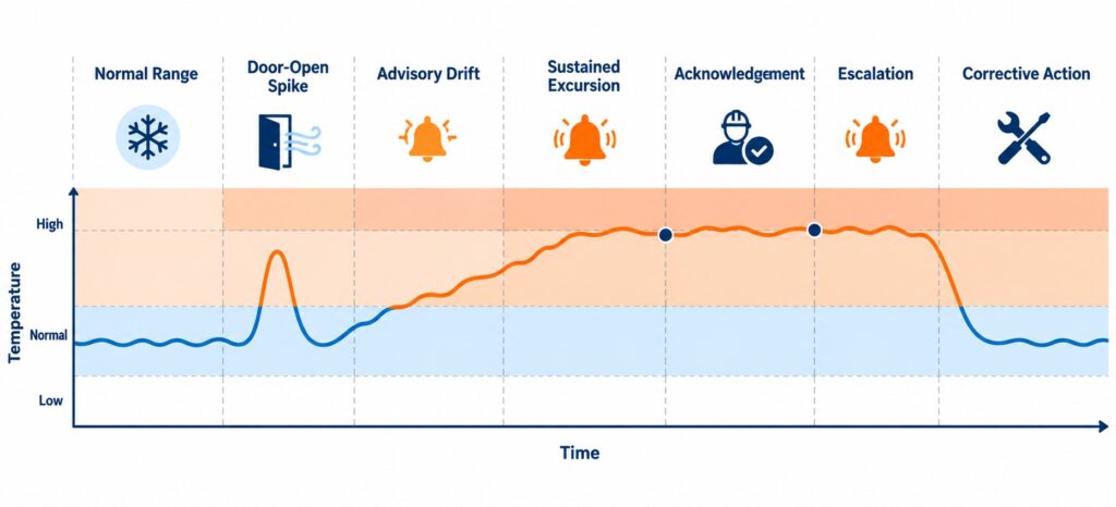 Walk-in cooler staged temperature alarm timeline showing advisory drift, sustained excursion, acknowledgement, escalation, and corrective action.