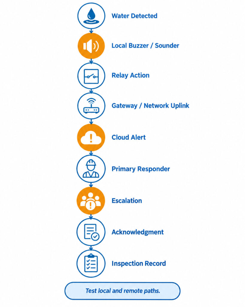 End-to-end water leak alarm path showing sensor trigger, local buzzer or relay action, gateway, cloud alert, escalation owner and acknowledgment.