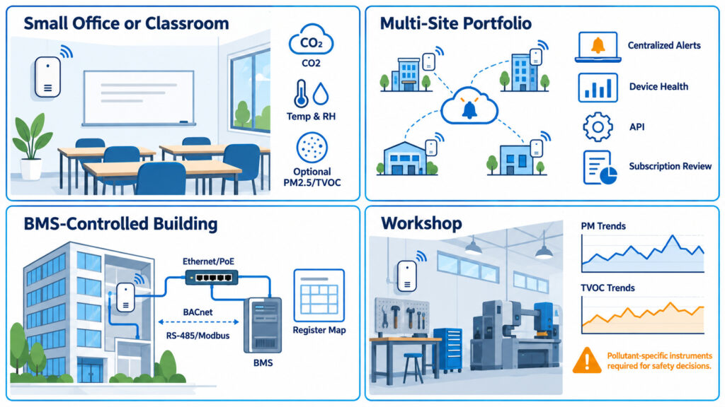 Four-panel use case comparison for commercial IAQ monitoring in small rooms, multi-site portfolios, BMS-controlled buildings and workshops.