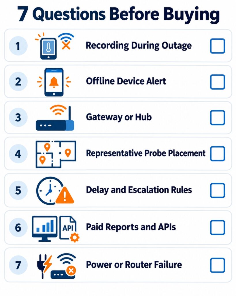 A purchasing checklist should confirm outage recording, offline alerts, gateway needs, probe placement, alert rules, paid features, and power behavior.