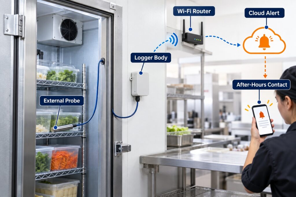 Single restaurant walk-in cooler retrofit showing an external temperature probe inside the cooler and a Wi-Fi logger sending cloud alerts.