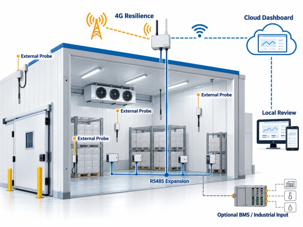 Large cold store monitoring architecture with cellular connectivity, RS485 sensor branch, external probes, and cloud dashboard for resilience and expansion.