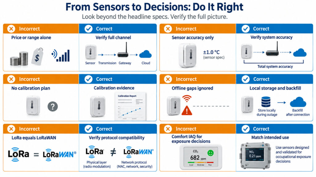 Correct versus incorrect comparison of IAQ monitor buying mistakes including price-only selection, sensor accuracy assumptions, missing calibration, offline gaps and LoRaWAN confusion.