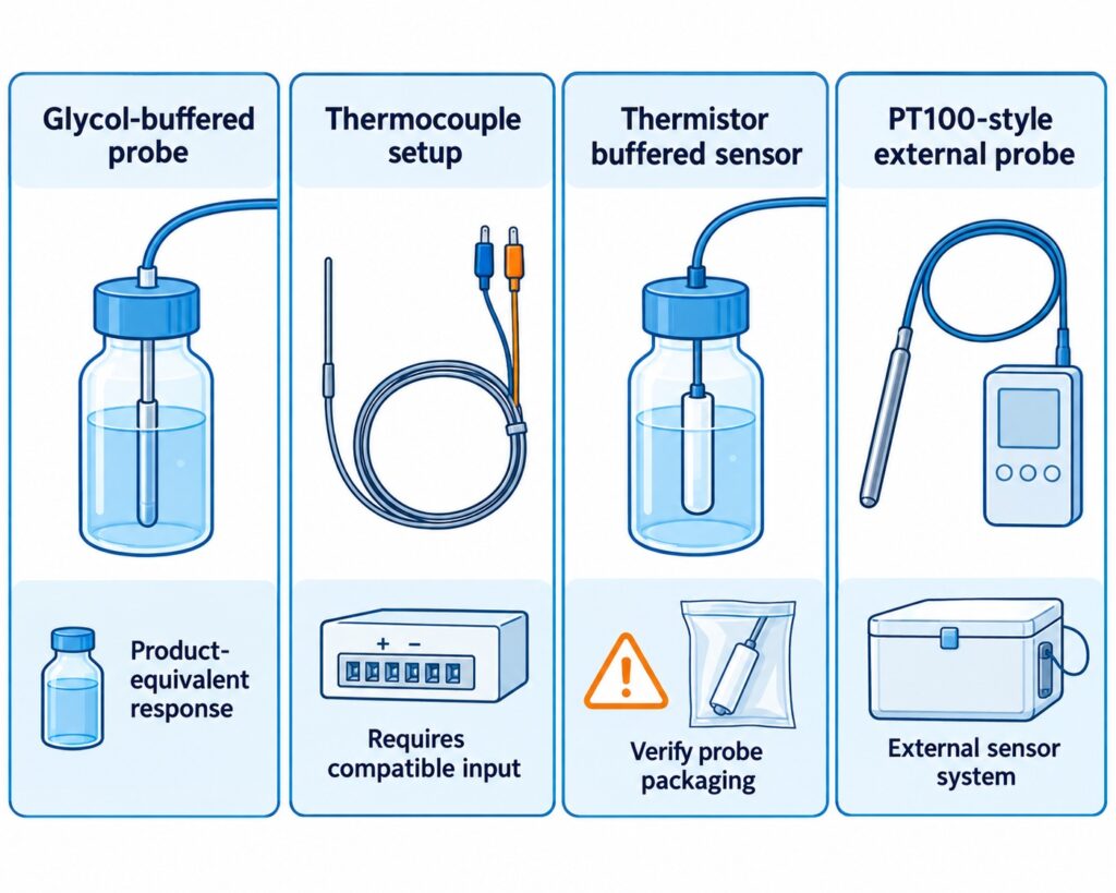 Illustration comparing glycol-buffered probe, thermocouple setup, thermistor sensor and PT100 style probe options for vaccine monitoring.