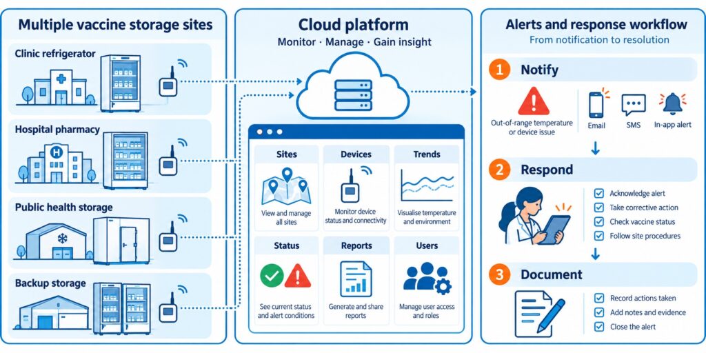 Structured infographic showing multiple vaccine storage sites feeding a cloud platform with dashboards, alerts, response workflow, reports and users.