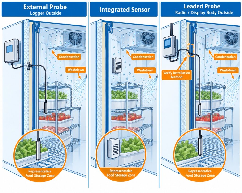 External probe and integrated sensor architecture comparison for restaurant walk-in cooler temperature monitoring, showing electronics outside the cold zone and sensing tip inside the food storage area.