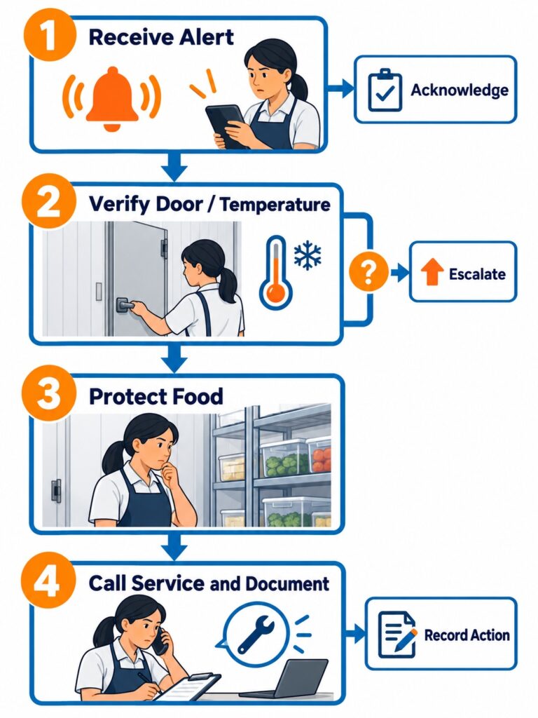 Walk-in cooler alarm response workflow showing receive alert, verify condition, protect food, call refrigeration service, and document action.