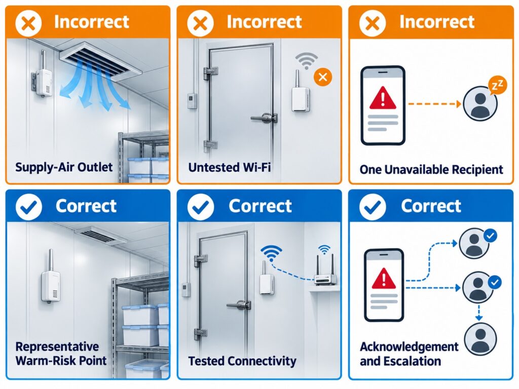 Common walk-in cooler monitoring mistakes including probe near cold-air outlet, untested Wi-Fi coverage, and alerts sent to only one unavailable recipient.