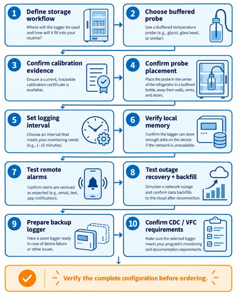 Checklist and decision flow for selecting a vaccine refrigerator data logger, including probe, calibration, alarms, outages, backup device and programme verification.