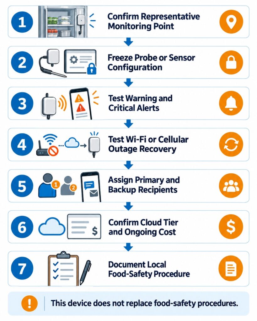 Restaurant walk-in cooler monitoring rollout verification workflow covering probe placement, sensor configuration, alert delay, escalation, outage recovery, cloud tier, and ongoing service cost.