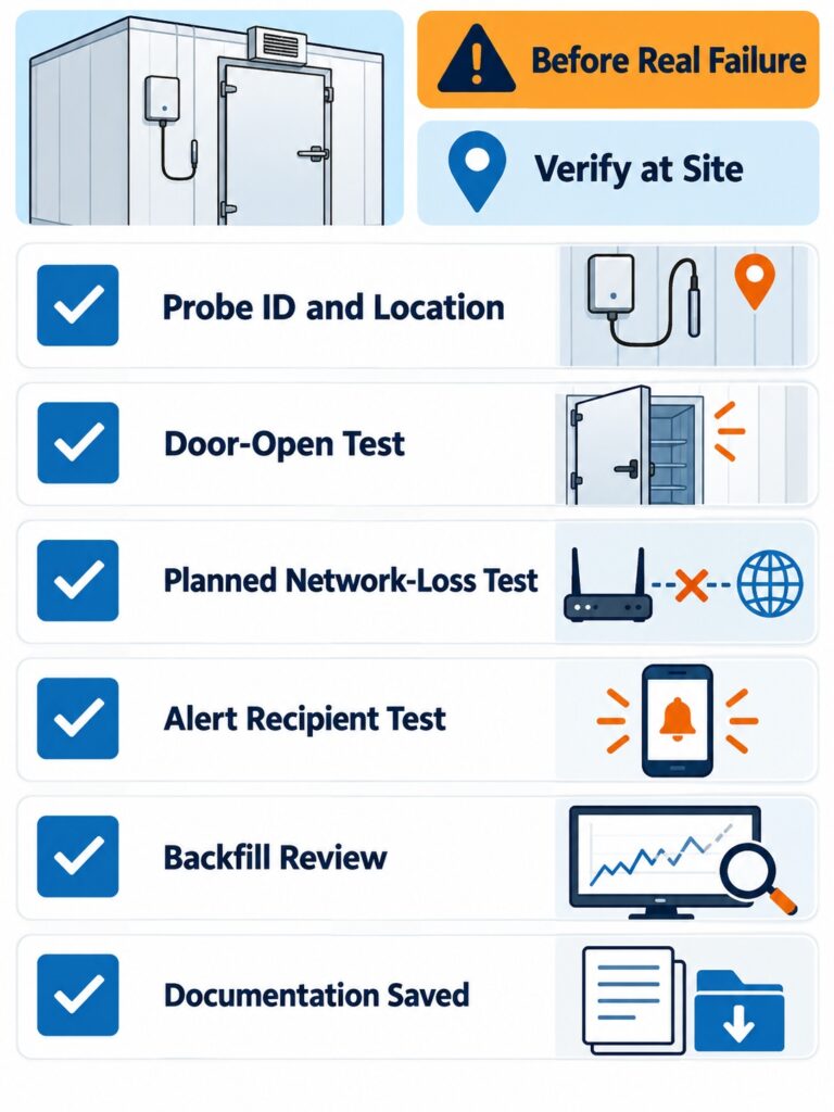 Walk-in cooler monitoring rollout verification checklist for door-open test, network-loss test, alert test, probe identification, and documentation.