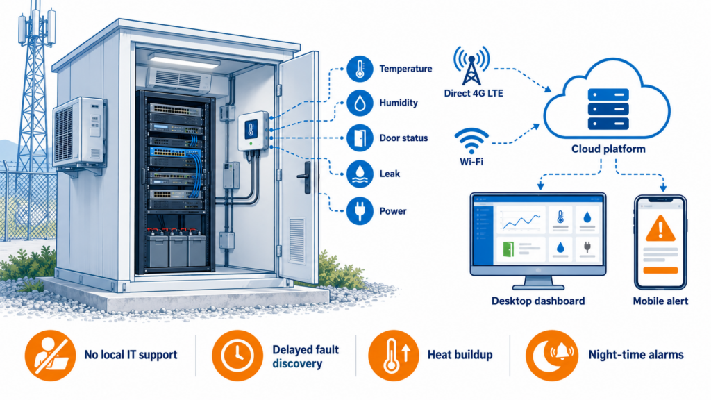 Overview of unattended telecom shelter monitoring with sensors, 4G connectivity, cloud alerts and remote access